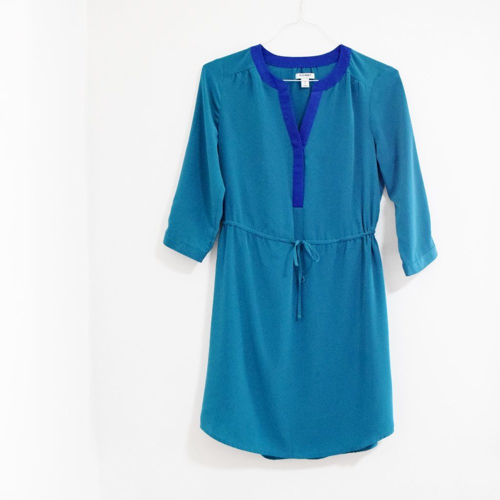 OLD NAVY Teal Contrast Trim Drawstring Waist Shirt Dress | Size S